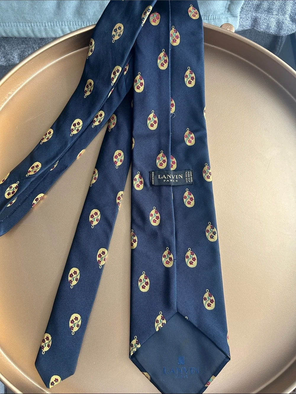 Vintage Lanvin Navy Silk Tie with Yellow and Pink Floral Medallions